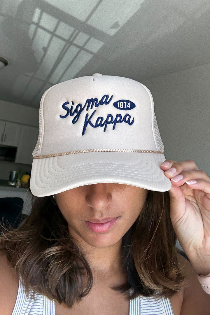 Cursive Embroidered Tan Sorority Trucker Hat