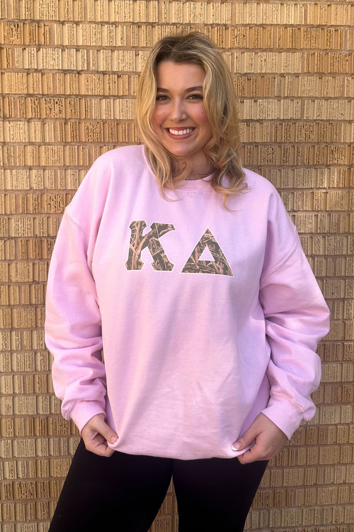 Camo Letters Light Pink Sorority Crewneck