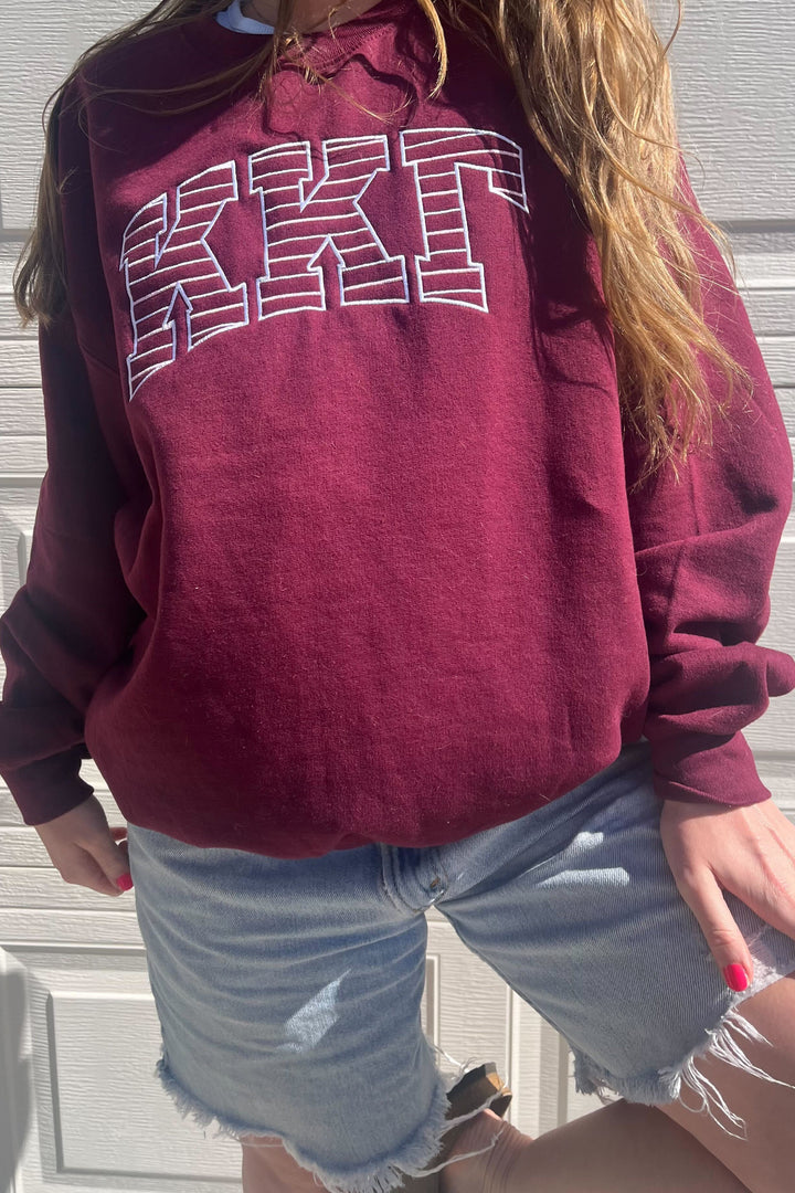 Striped Embroidered Maroon Sorority Crewneck