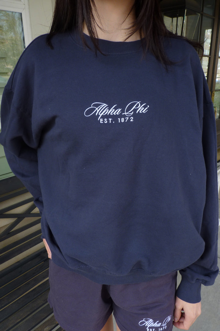 Script Embroidered Midnight Sky Light Weight Sorority Crewneck