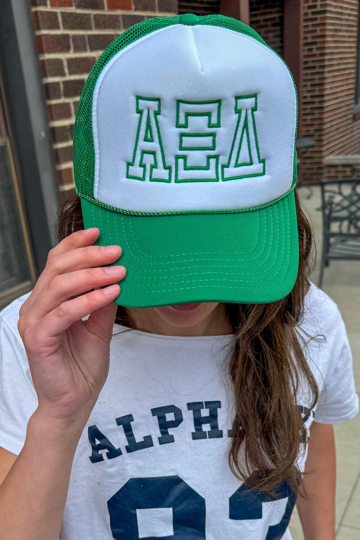 Greek Letter Outline Embroidered Kelly Green Sorority Trucker Hat