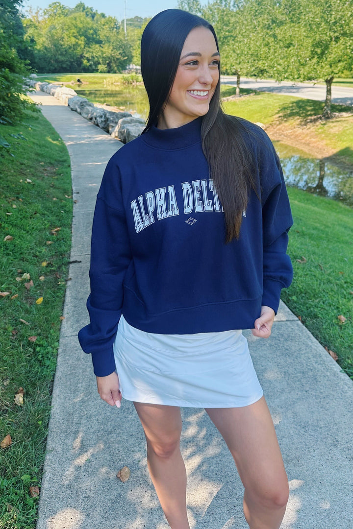 Simple Alpha Delta Pi Navy Mock Neck Crewneck