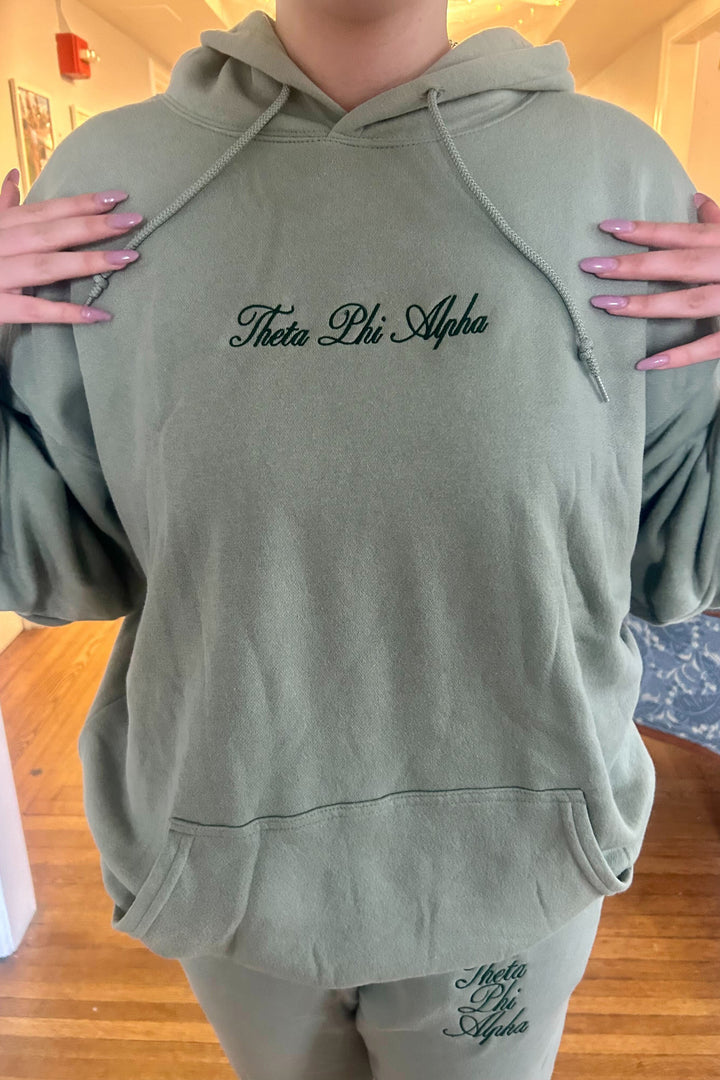 Embroidered Sorority Script Matching Set Sage Hoodie