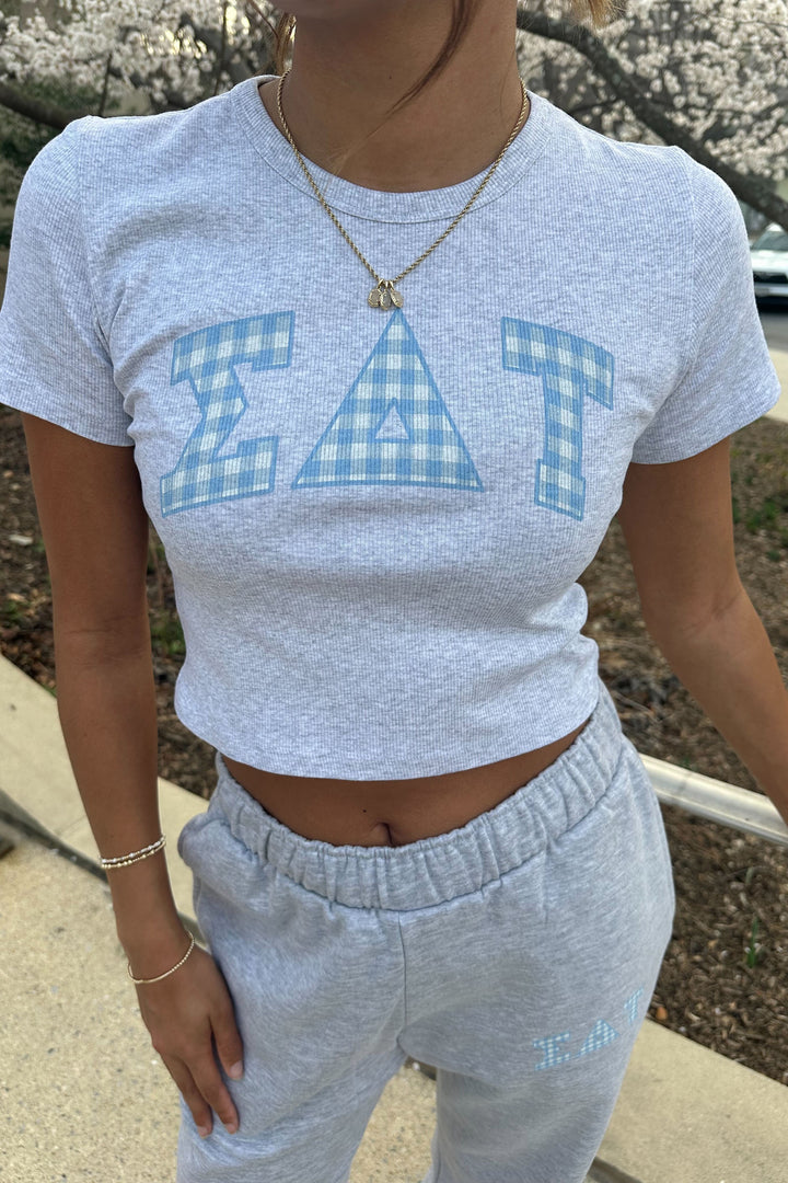 Gingham Heather Grey Sorority Baby Tee