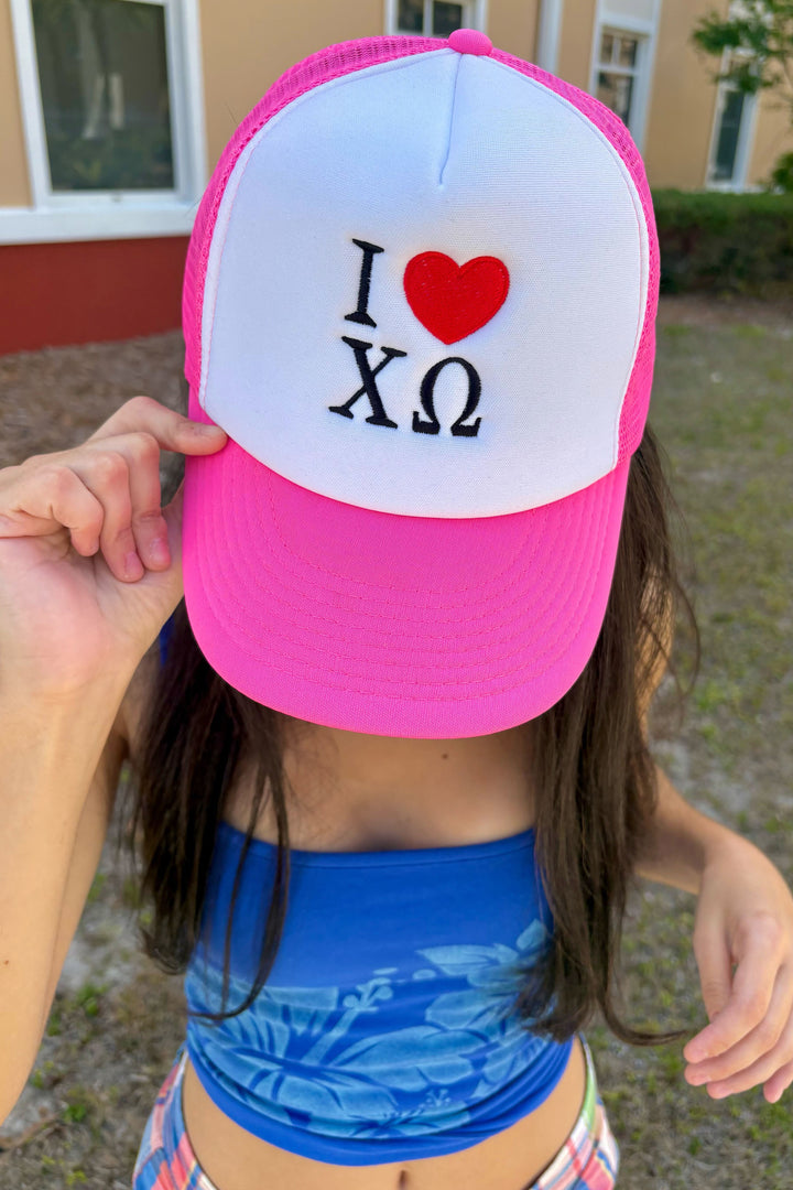 I Love Sorority Embroidered Hot Pink Trucker Hat