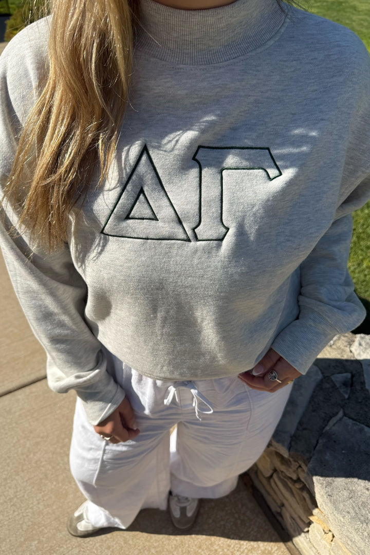 Embroidered Outline Heather Grey Sorority Mock Neck Crewneck