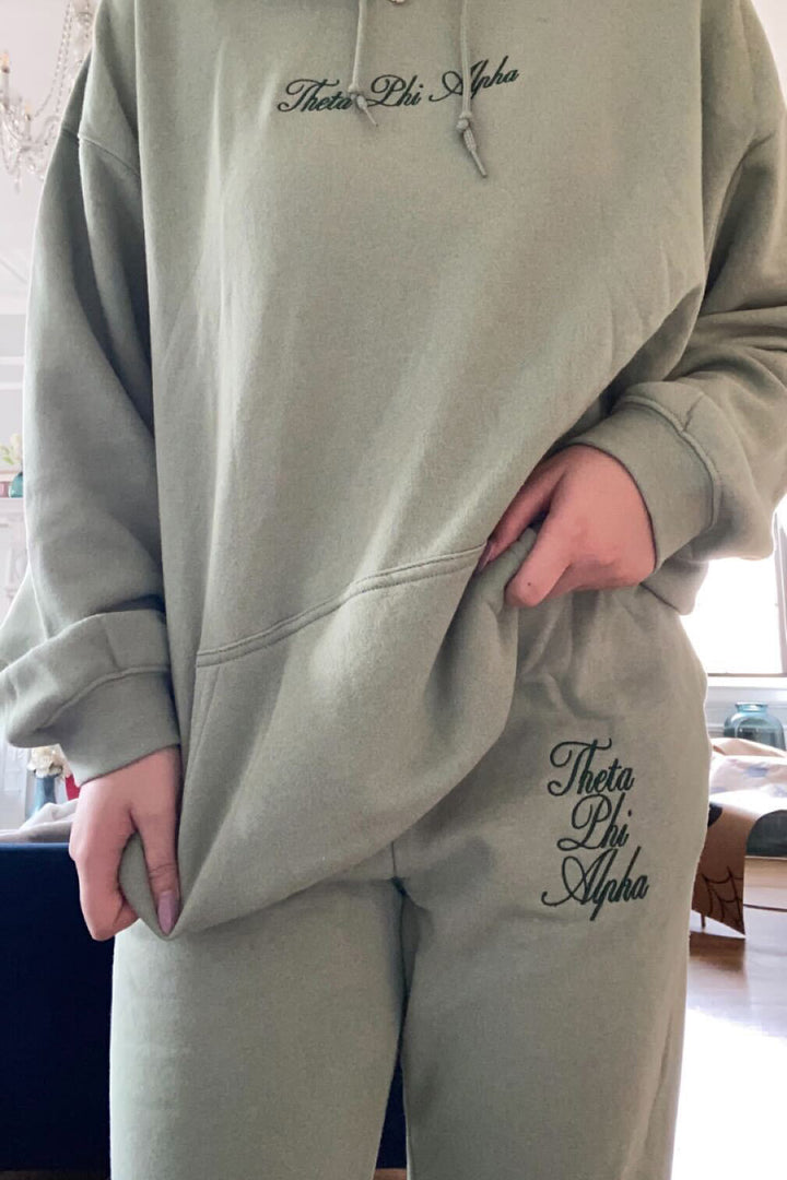 Embroidered Sorority Script Matching Set Sage Joggers