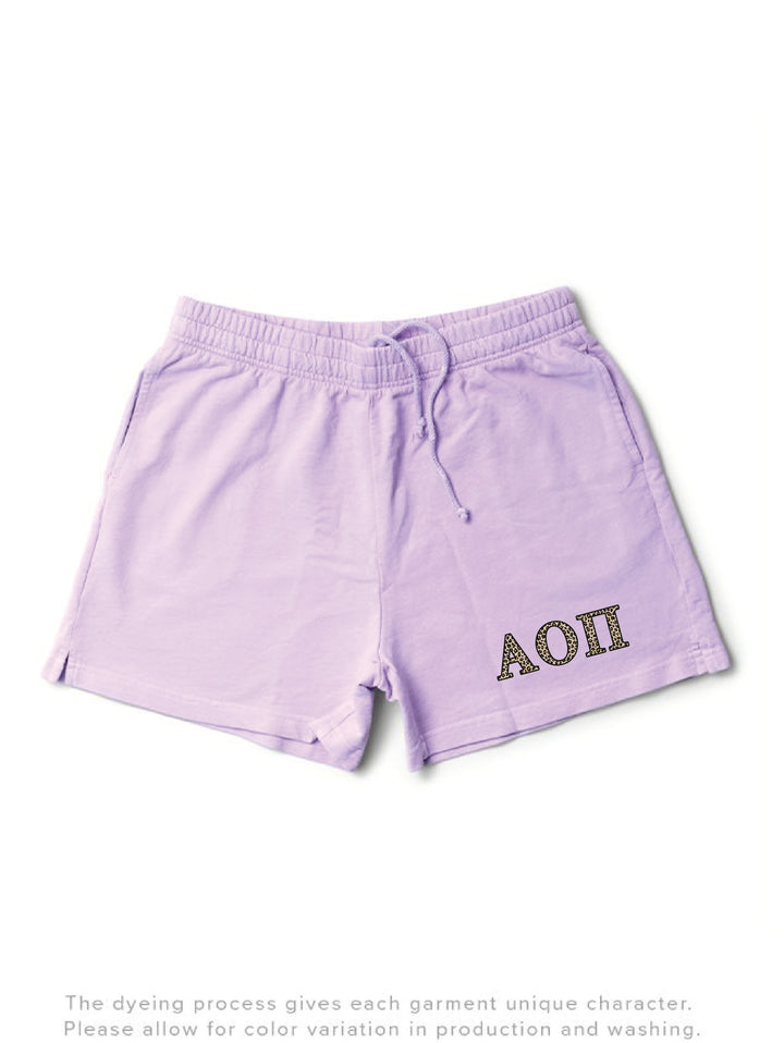 Lavender Haze Cheetah Letters Light Weight Sorority Shorts