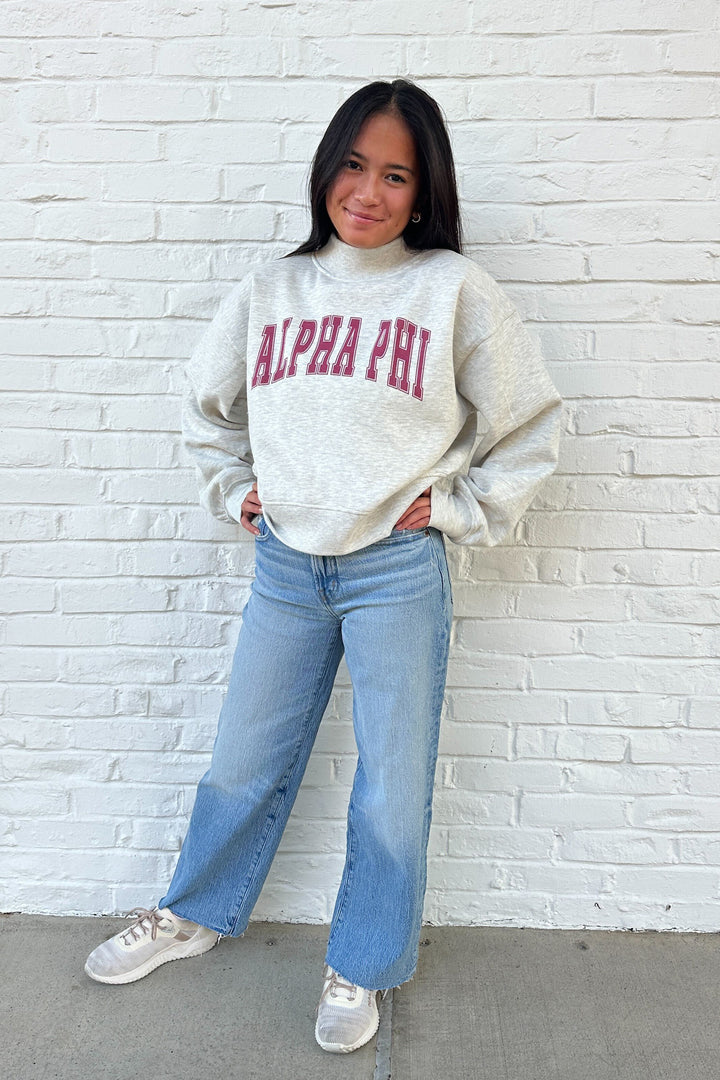 Simple Heather Grey Maroon Print Sorority Mock Neck Crewneck