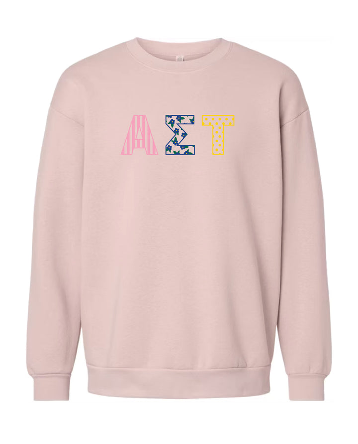 Patchwork Embroidered Sorority Blush Crewneck