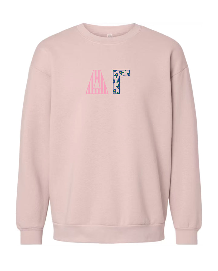 Patchwork Embroidered Sorority Blush Crewneck