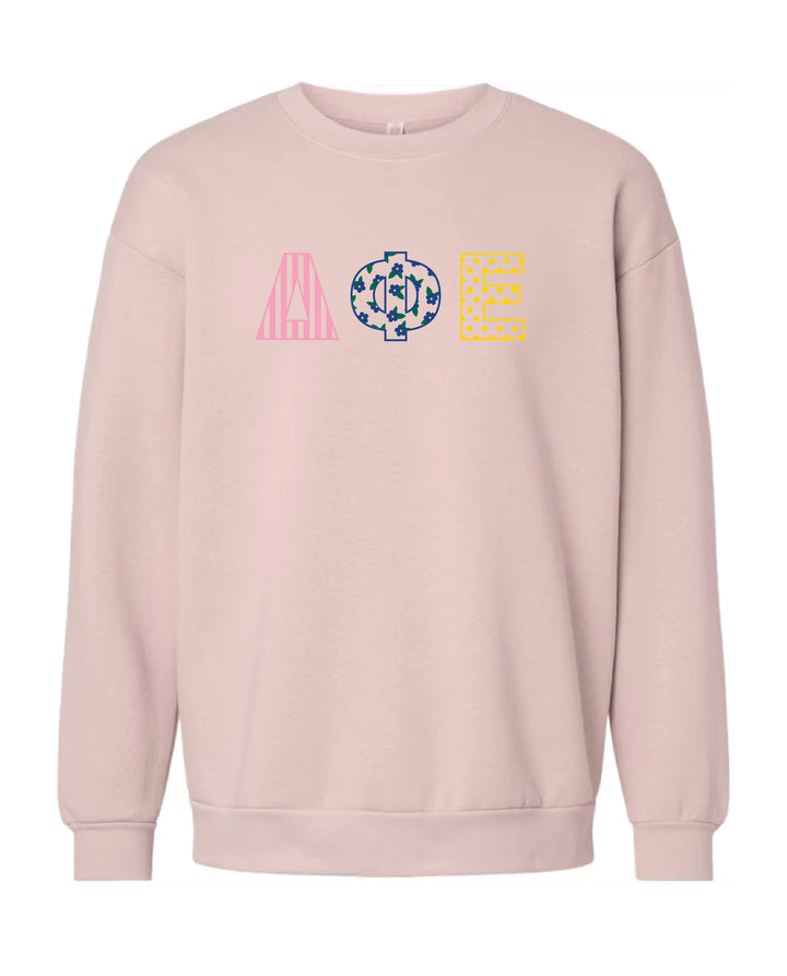 Patchwork Embroidered Sorority Blush Crewneck