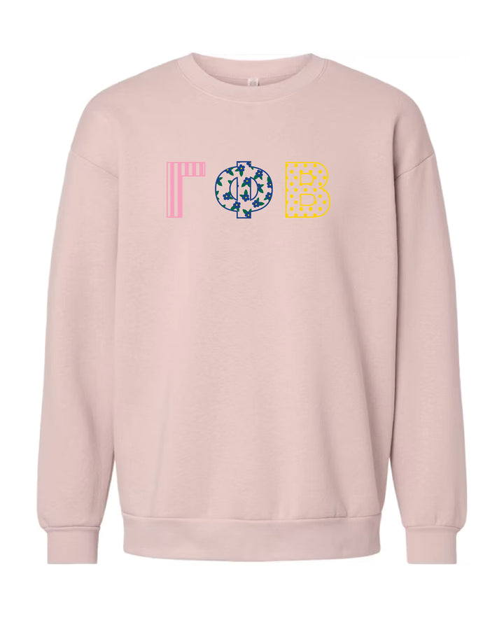 Patchwork Embroidered Sorority Blush Crewneck
