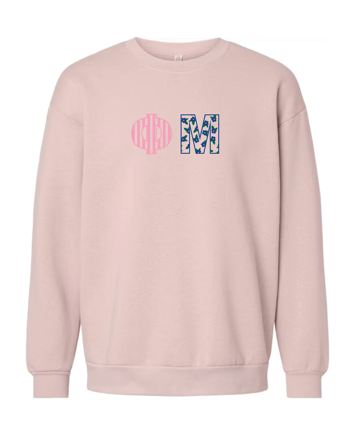 Patchwork Embroidered Sorority Blush Crewneck