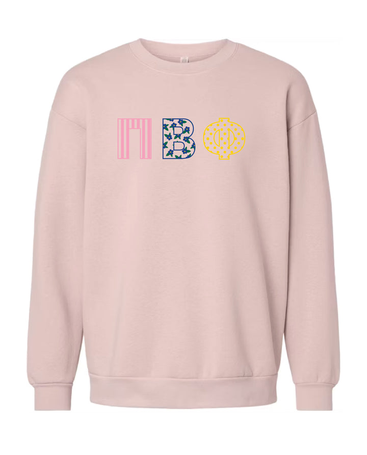 Patchwork Embroidered Sorority Blush Crewneck
