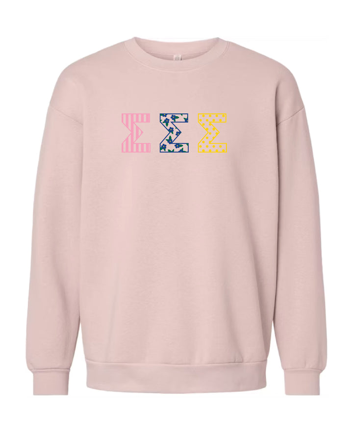 Patchwork Embroidered Sorority Blush Crewneck