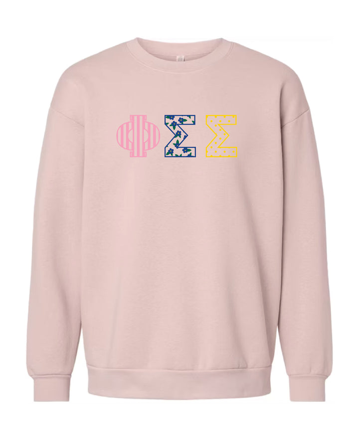 Patchwork Embroidered Sorority Blush Crewneck