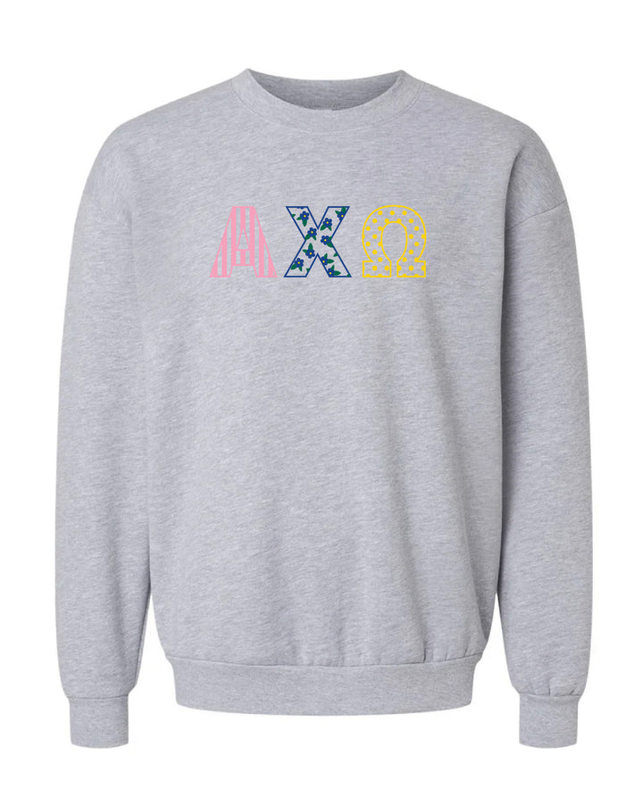 Patchwork Embroidered Sorority Grey Crewneck