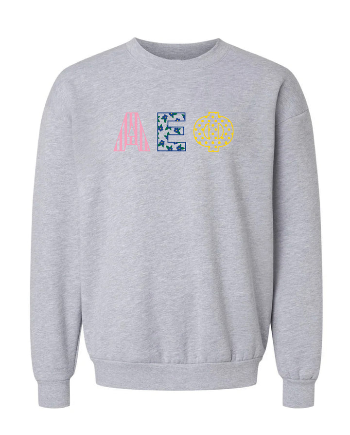 Patchwork Embroidered Sorority Grey Crewneck