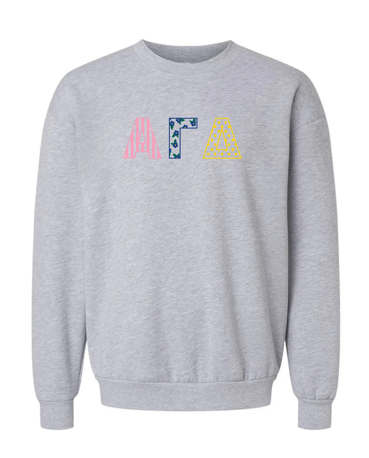 Patchwork Embroidered Sorority Grey Crewneck