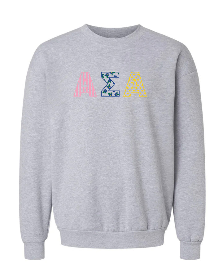 Patchwork Embroidered Sorority Grey Crewneck