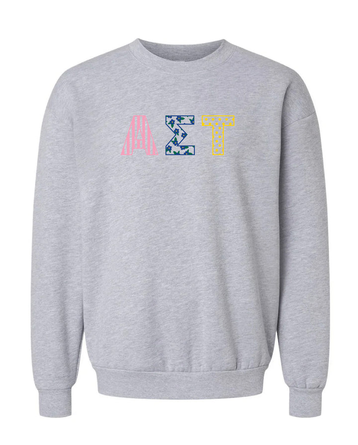 Patchwork Embroidered Sorority Grey Crewneck
