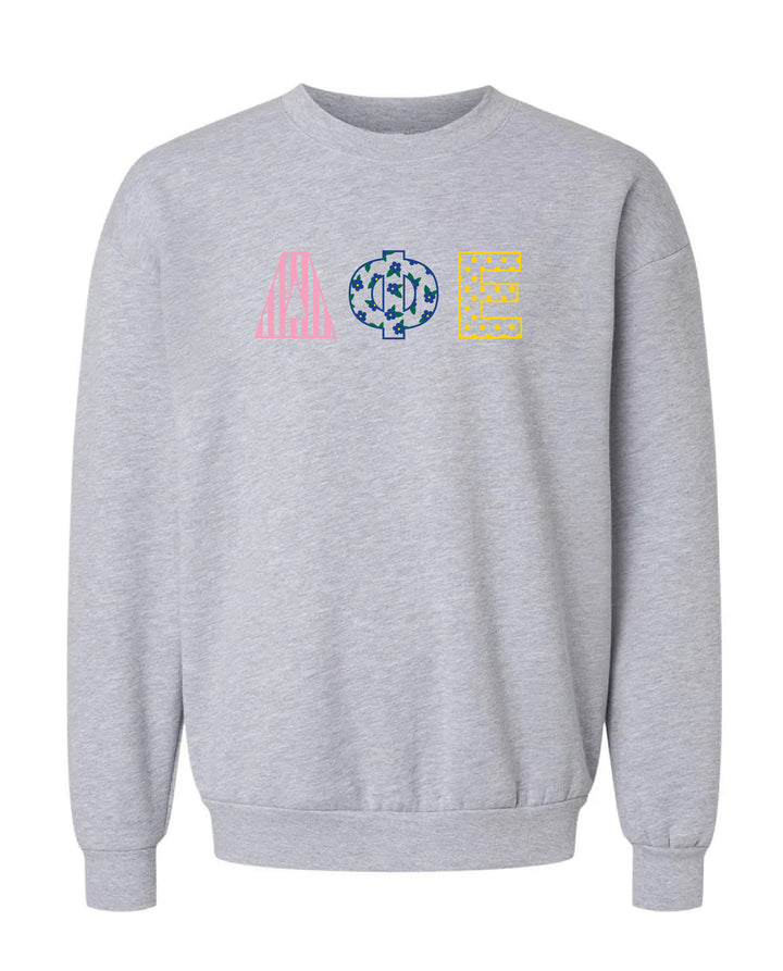 Patchwork Embroidered Sorority Grey Crewneck