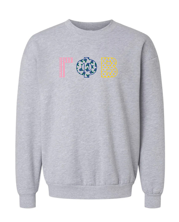 Patchwork Embroidered Sorority Grey Crewneck