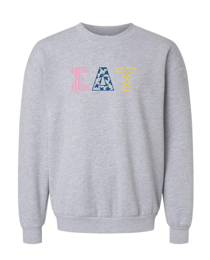 Patchwork Embroidered Sorority Grey Crewneck