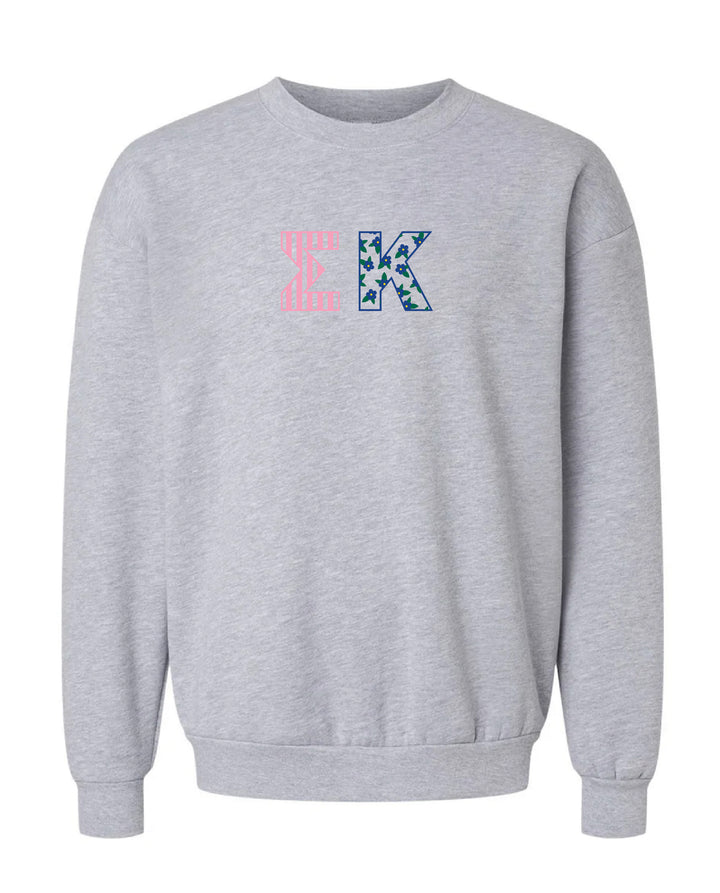 Patchwork Embroidered Sorority Grey Crewneck