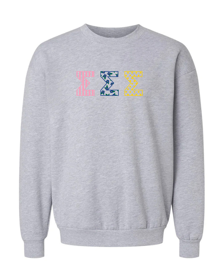 Patchwork Embroidered Sorority Grey Crewneck