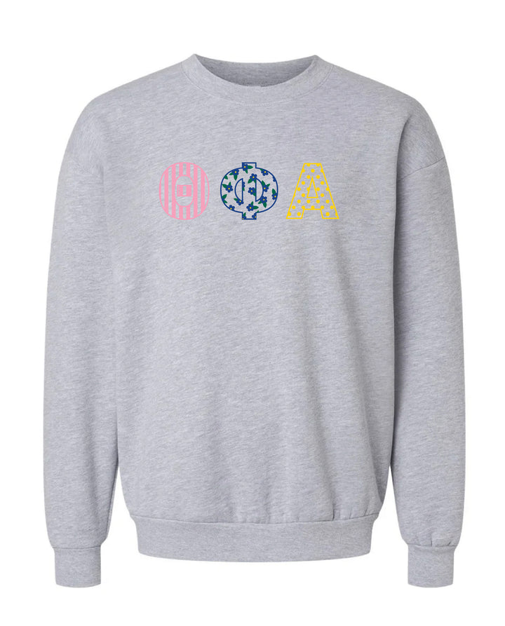Patchwork Embroidered Sorority Grey Crewneck