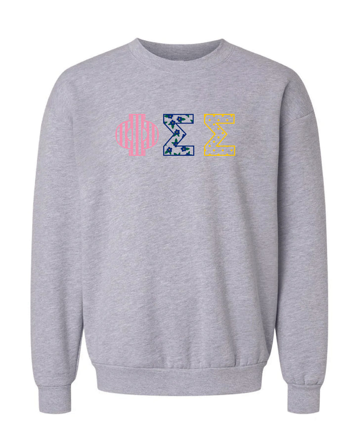 Patchwork Embroidered Sorority Grey Crewneck