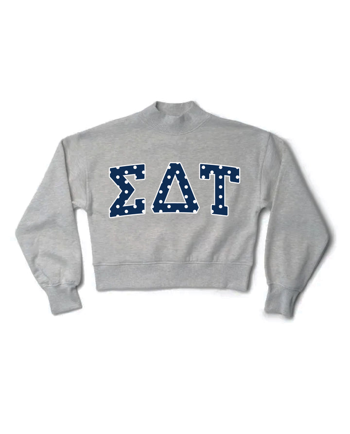 Polka Dot Heather Grey Sorority Mock Neck Crewneck