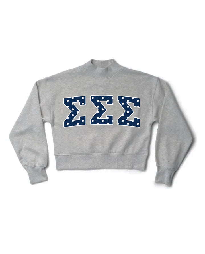 Polka Dot Heather Grey Sorority Mock Neck Crewneck
