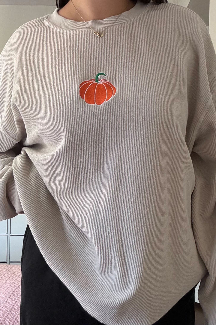 Pumpkin Embroidered Corded Crewneck