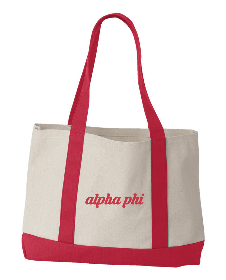 Alpha Phi Red Cursive Embroidered Tote