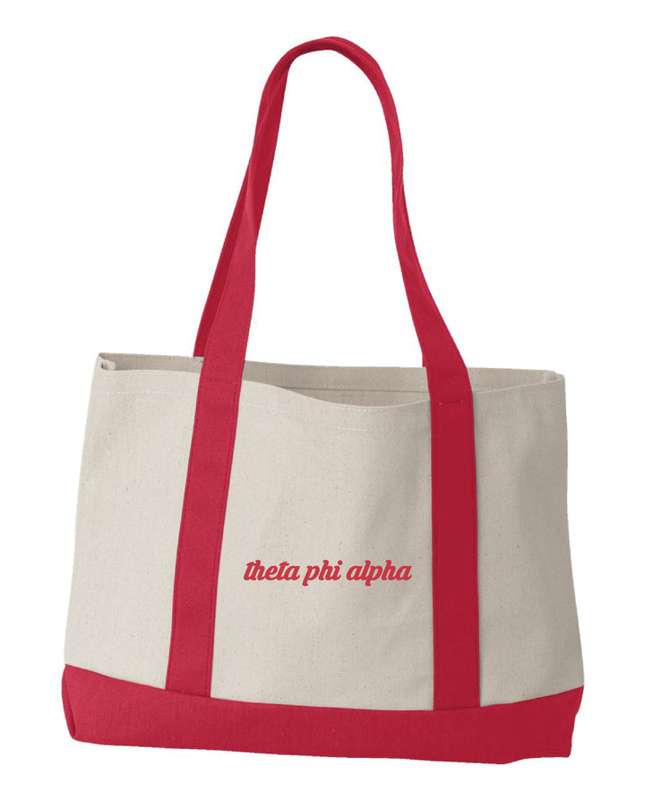 Theta Phi Alpha Red Cursive Embroidered Tote