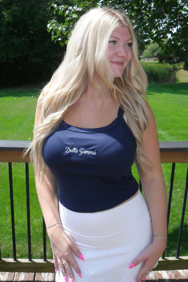 Embroidered Script Navy Sorority Tank