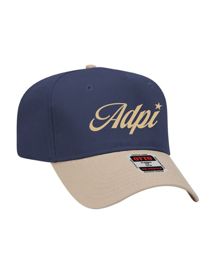 Star Script Embroidered Khaki/Navy Alpha Delta Pi Hat
