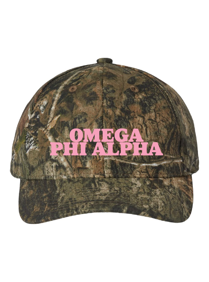 Pink Embroidered Omega Phi Alpha Camo Hat