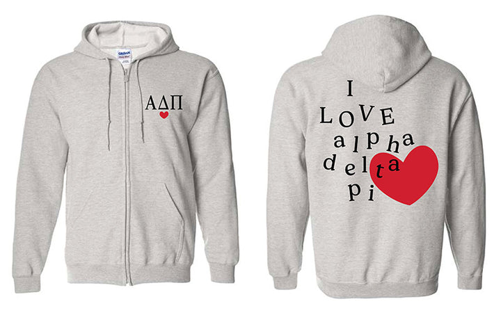 I Love Alpha Delta Pi Zip Up Hoodie